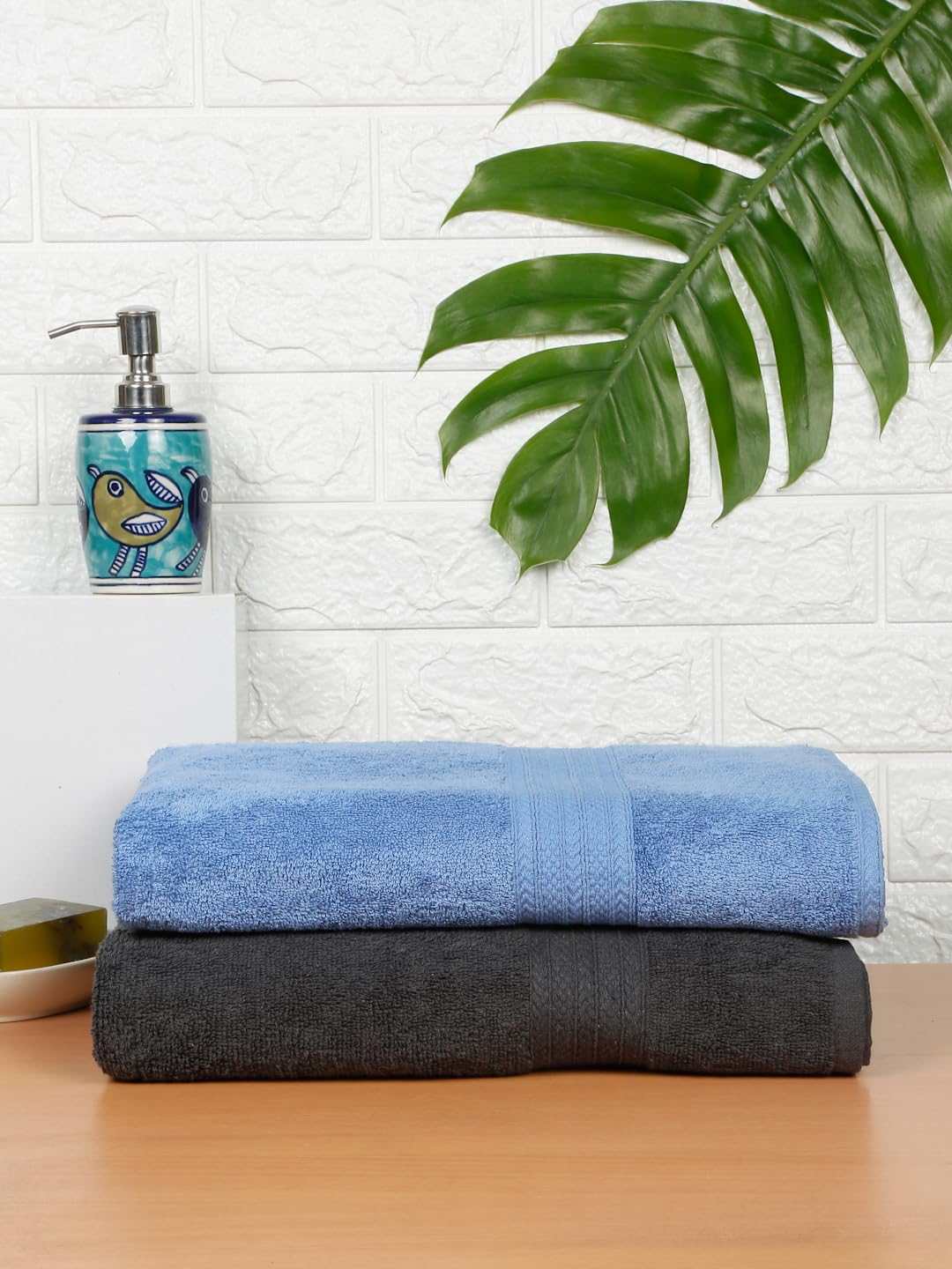 Creeva Classic Bath Towel 1000 Gsm (Grey & Royal Blue) - Set Of 2