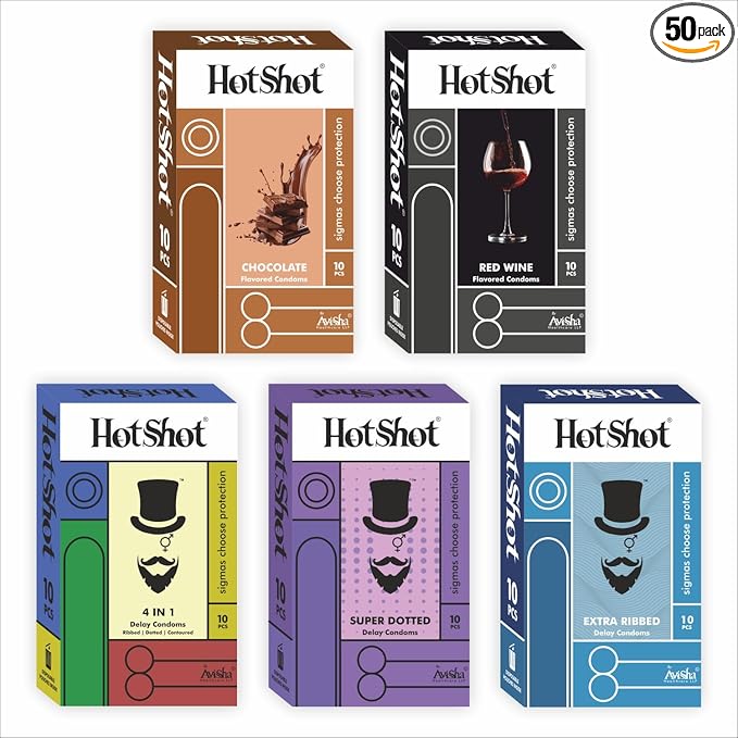 Hotshot Honeymoon 4in1 Extra Time, Ribbed, Dotted, Red Wine, Chocolate Flavor Condoms, 50 Count