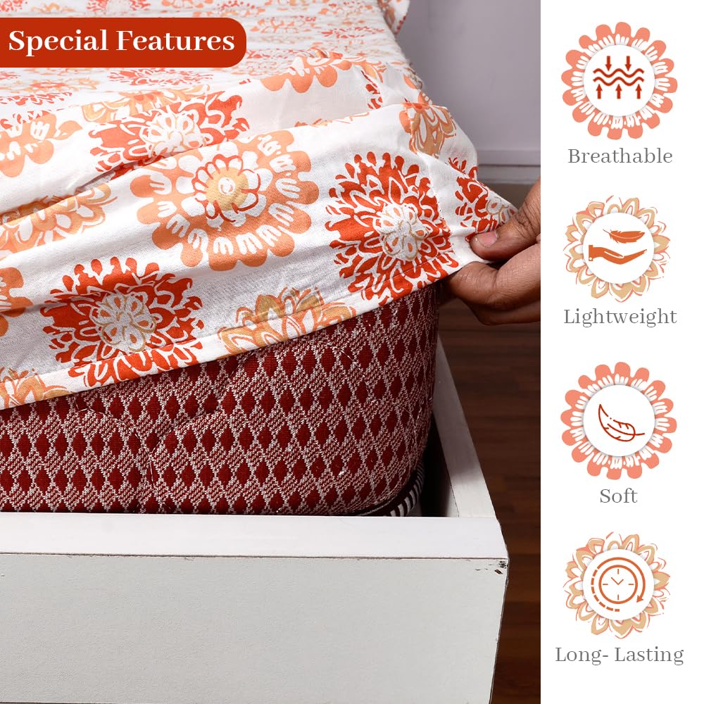 Double Bedsheet For Queen Size With 2 Pillow Covers - 60 X 78 Inches, White & Red Orange | All Around Elastic Fitted Soft, Lightweight & Breathable Cotton Bedsheet