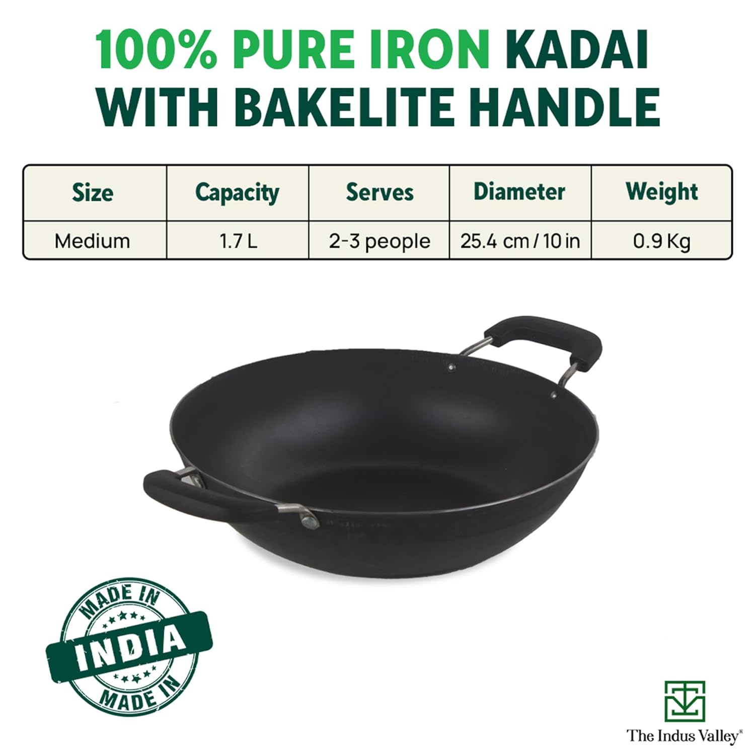 Pre-Seasoned Black Iron Kadai With Bakelite Handle - 25.4cm, 10 Inch, 1.7 Liters, 0.9 Kg | Induction Friendly, Naturally Non Stick Kadhai