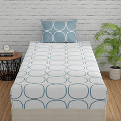1 Fitted Single Bedsheet Cotton With 1 Pillow Cover - 36 X 78 Inches, White & Blue | Elegant Printed Bedding Set For Daily Use | 144 Thread Count