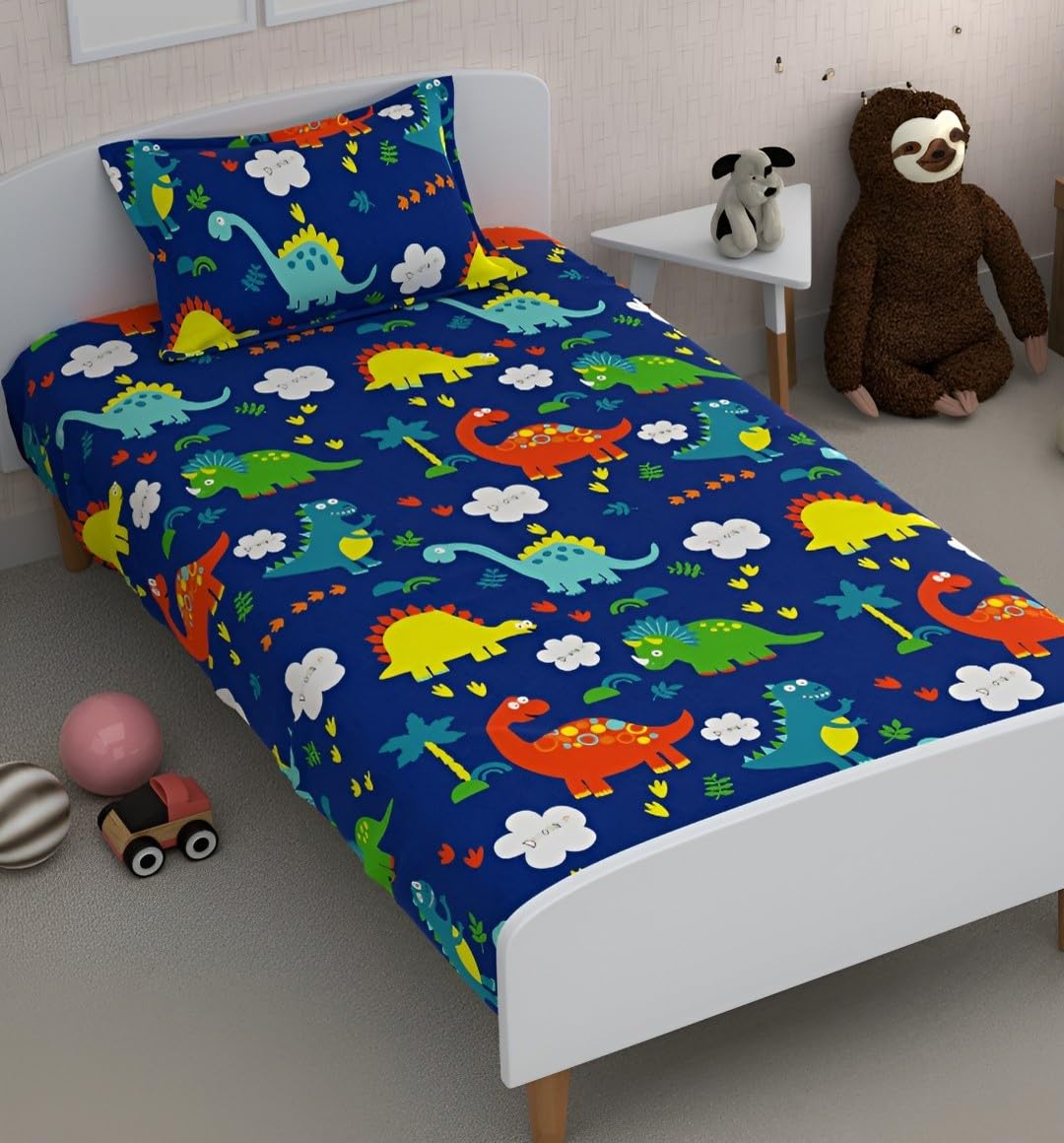 Cartoon Printed Single Bedsheet For Kids With One Pillow Cover - 60 X 90 Inches, Blue | 300 Thread Count - Wrinkle Free Soft Perfect For Everyday Use