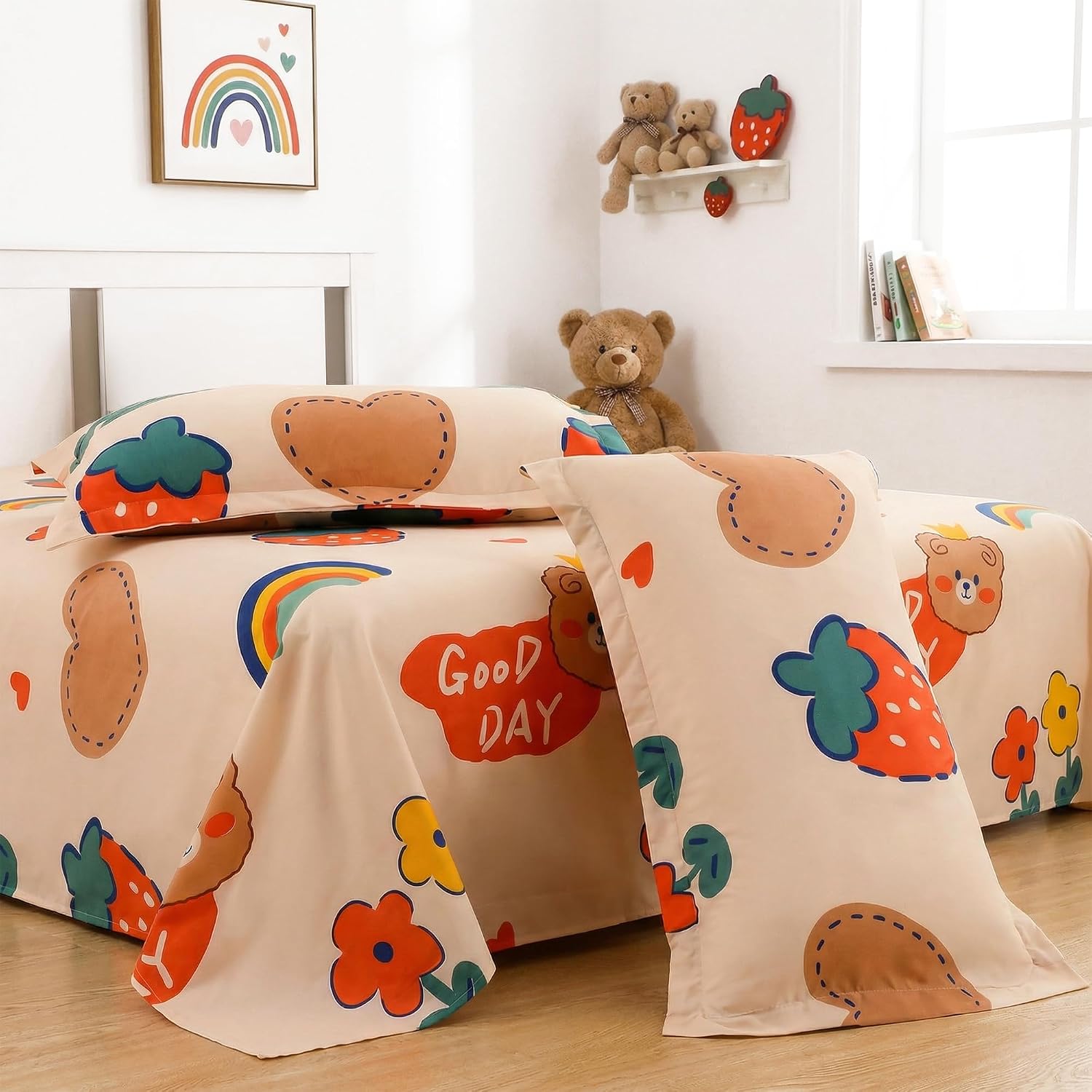 Kids Double Bed Bedsheet Set With 2 Pillow Covers - 88 X 100 Inches, Cream & Orange | Soft Bedding For Boys & Girls | Teddy Bear Design