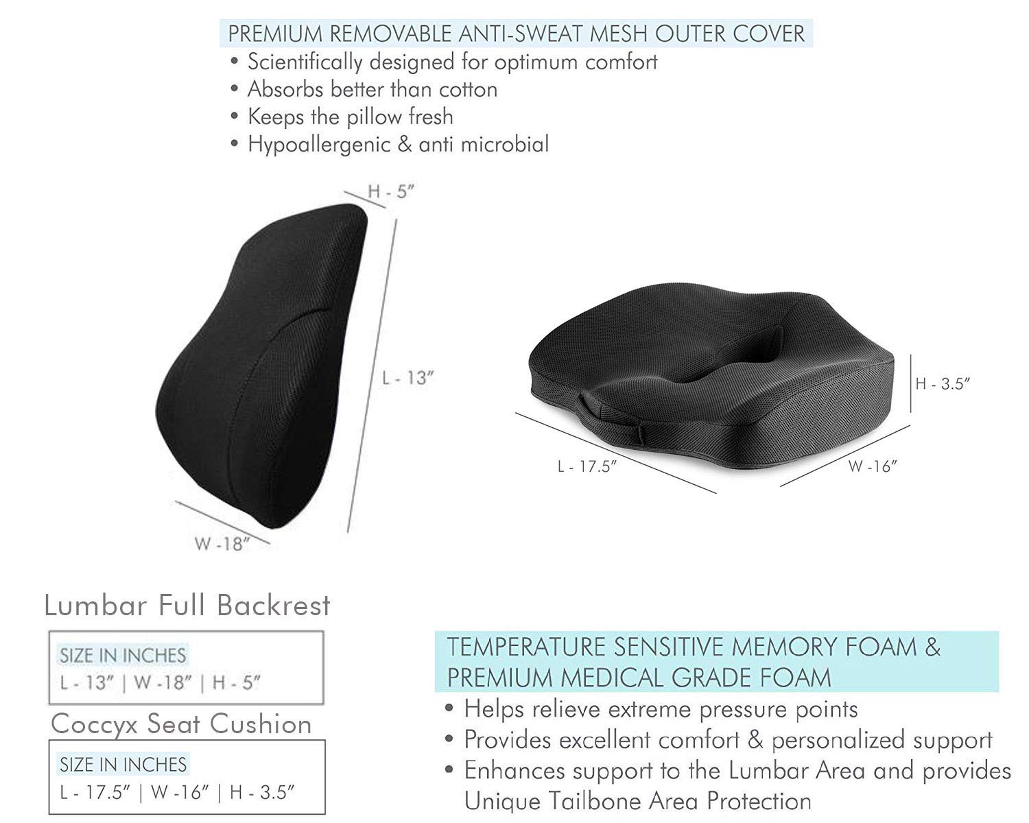 Memory Foam Decorative Square Car Cushion & Coccyx Orthopedic Seat Pillow, Black | Lumbar Spine Support Backrest Pillow | Lightweight, Ergonomic Design, Car Cushion Pillow, Combo Pack