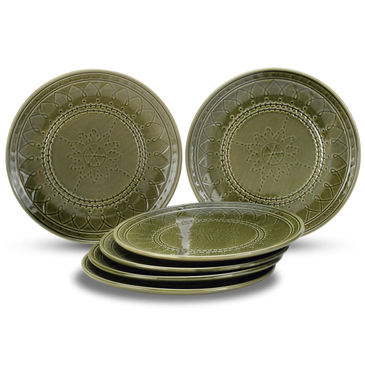 Ceramic Hand Glazed Large Embossed Dinner Plates Set Of 6 - 10.6 Inch, Moss Green | Handcrafted Stoneware - Microwave Safe & Dishwasher Safe