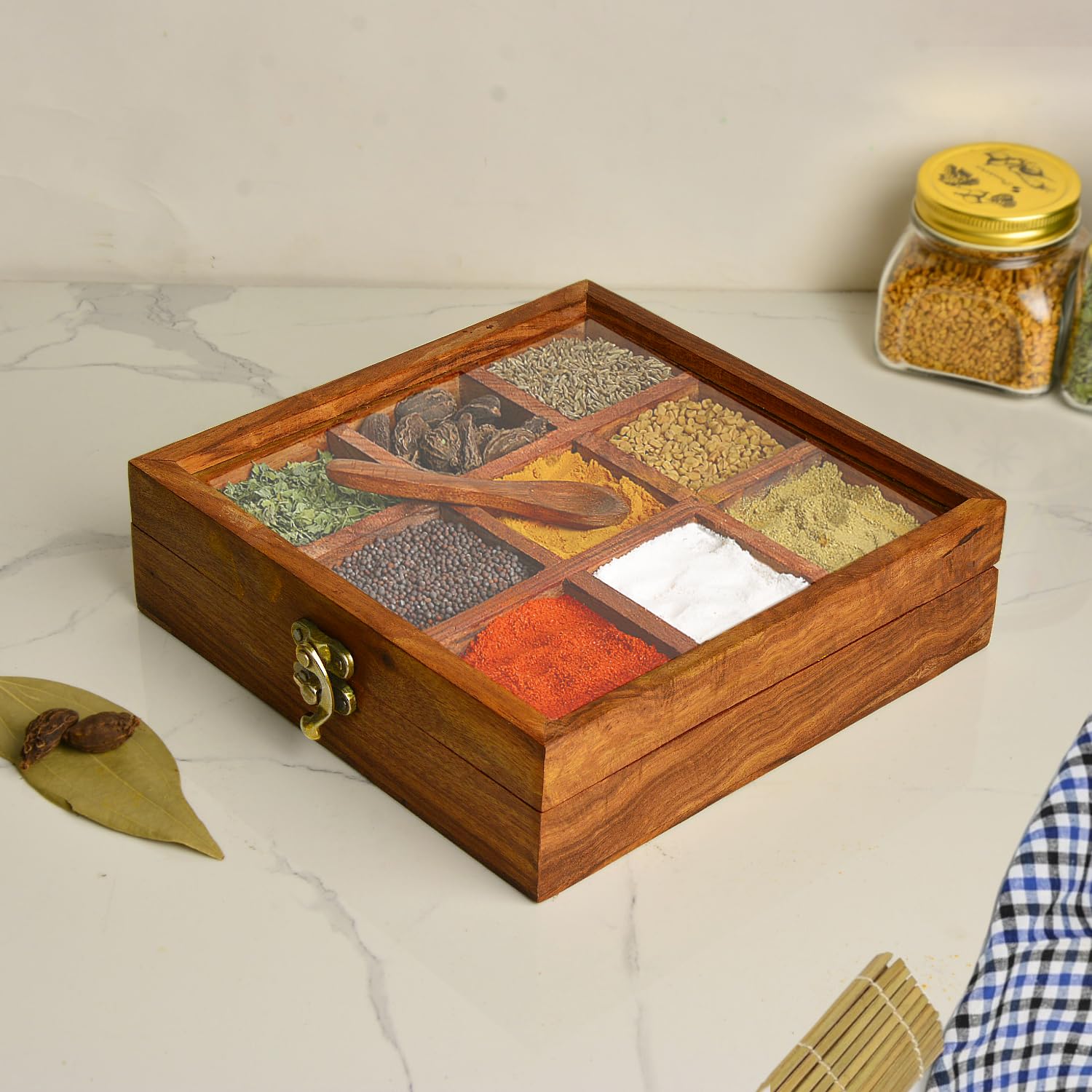 Sheesham Wood Spice Box With Spoon For Kitchen With 9 Partitions, Compartments - 8 X 8 X 2 Inches, Brown | Wooden Masala Box, Dabba, Container With Glass Lid - Fixed Partitions