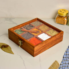 Sheesham Wood Spice Box With Spoon For Kitchen With 9 Partitions, Compartments - 8 X 8 X 2 Inches, Brown | Wooden Masala Box, Dabba, Container With Glass Lid - Fixed Partitions