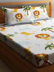Microfiber Kids Lions Elastic Fitted Double Bedsheet With 2 Pillow Covers | 78 X 72 Inches, Orange | Normal Hand Wash Or Machine Wash