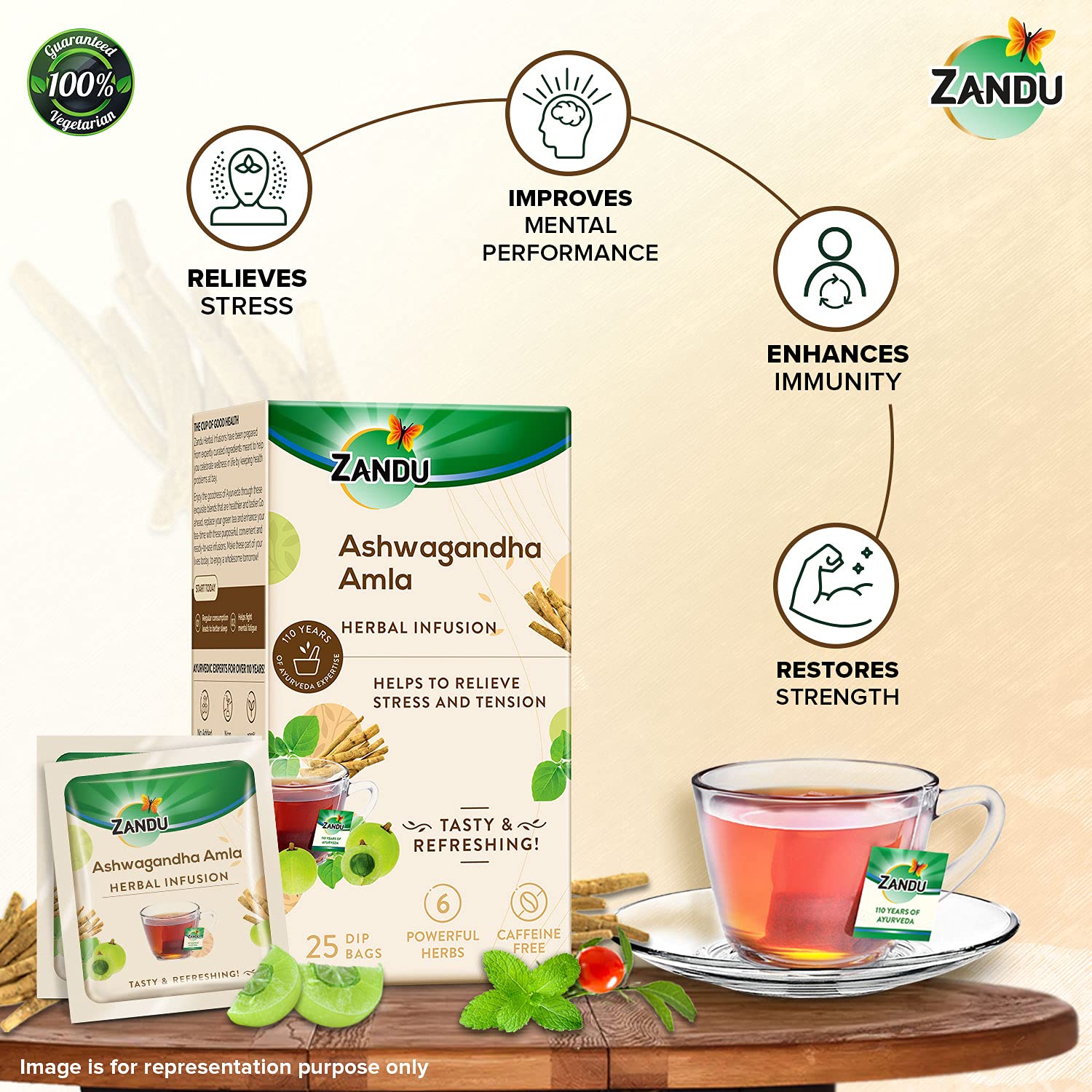 Zandu Ashwagandha Amla Herbal Infusion Tea - 25 Tea Bags | Enriched With 6 Ayurvedic Ingredients - Relieves Stress & Tension | Enhances Immunity - Caffeine Free, Non GMO