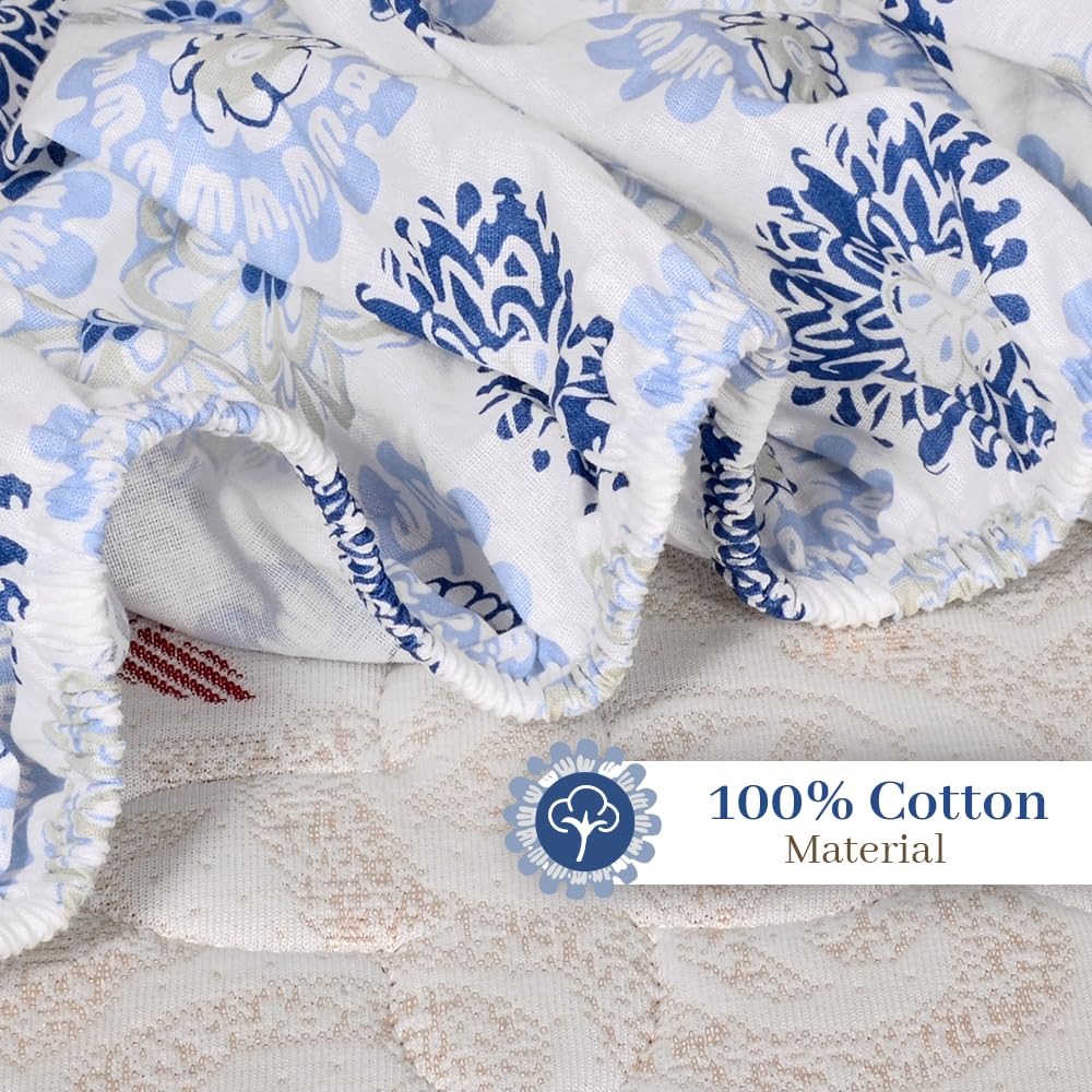 Double Bedsheet For Queen Size With 2 Pillow Covers - 60 X 78 Inches, Blue & Grey | All Around Elastic Fitted Soft, Lightweight & Breathable Cotton Bedsheet