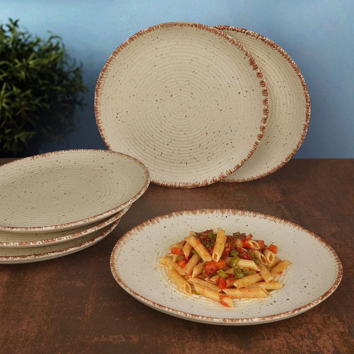 Hand Glazed Ceramic Dinner Serving Plates Set Of 6 - 10 Inches, Off White & Brown | Full Plates - Ceramic Platter