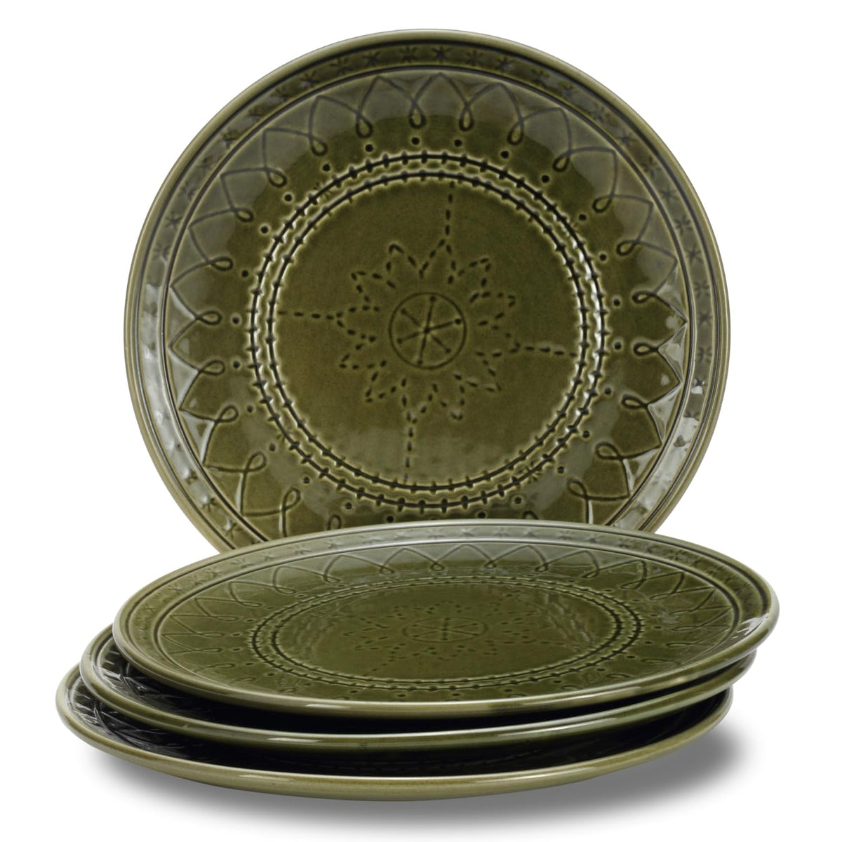 Ceramic Hand Glazed Stoneware Embossed Large Dinner Plates Set Of 4 - 10.6 Inch, Moss Green | Microwave Safe & Dishwasher Safe