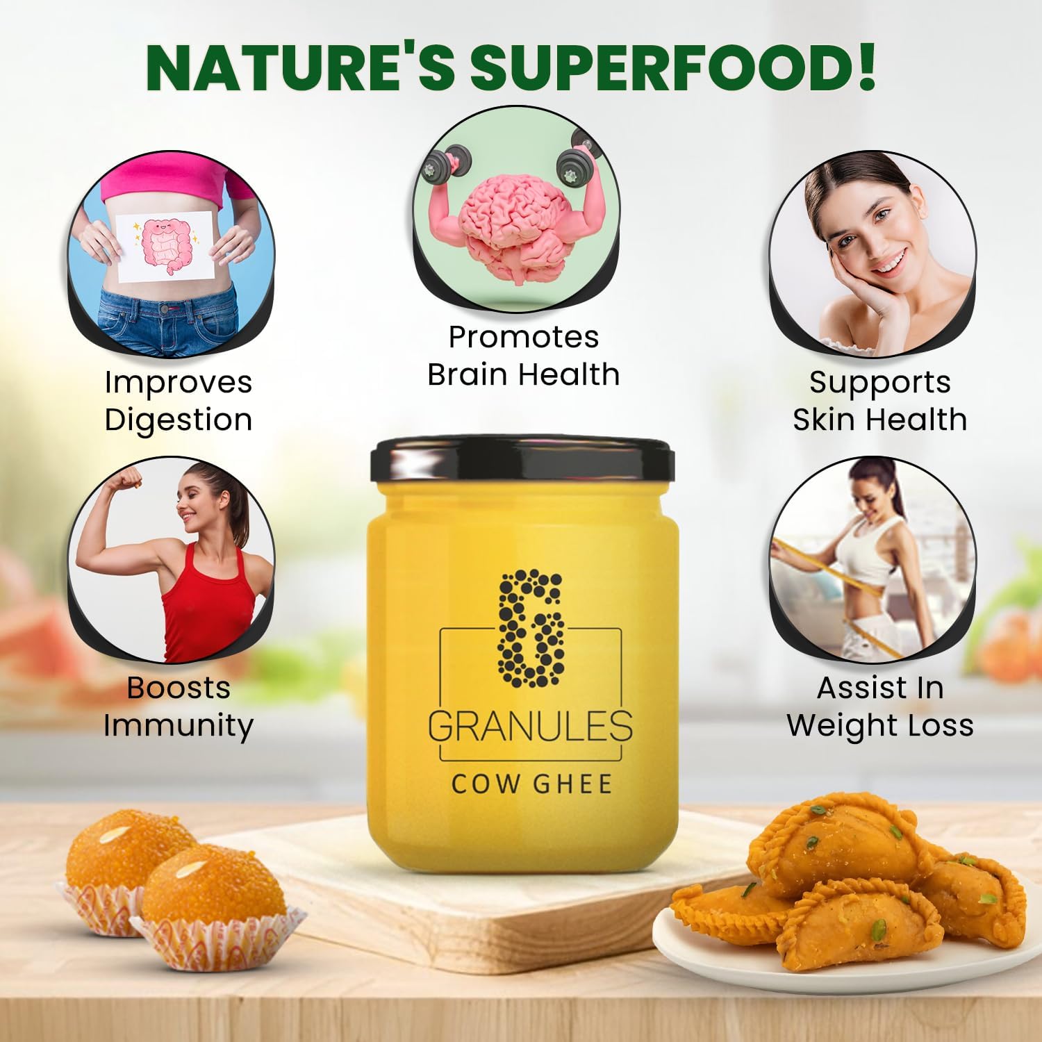 Organic Cow Ghee By Granules | Healthy & Flavorful Nutrients Pure Cow Desi Ghee Good For Your Favorite Dishes | 2.5 Litre (500ml * 5) 84.5 Ounce | Jar Pack