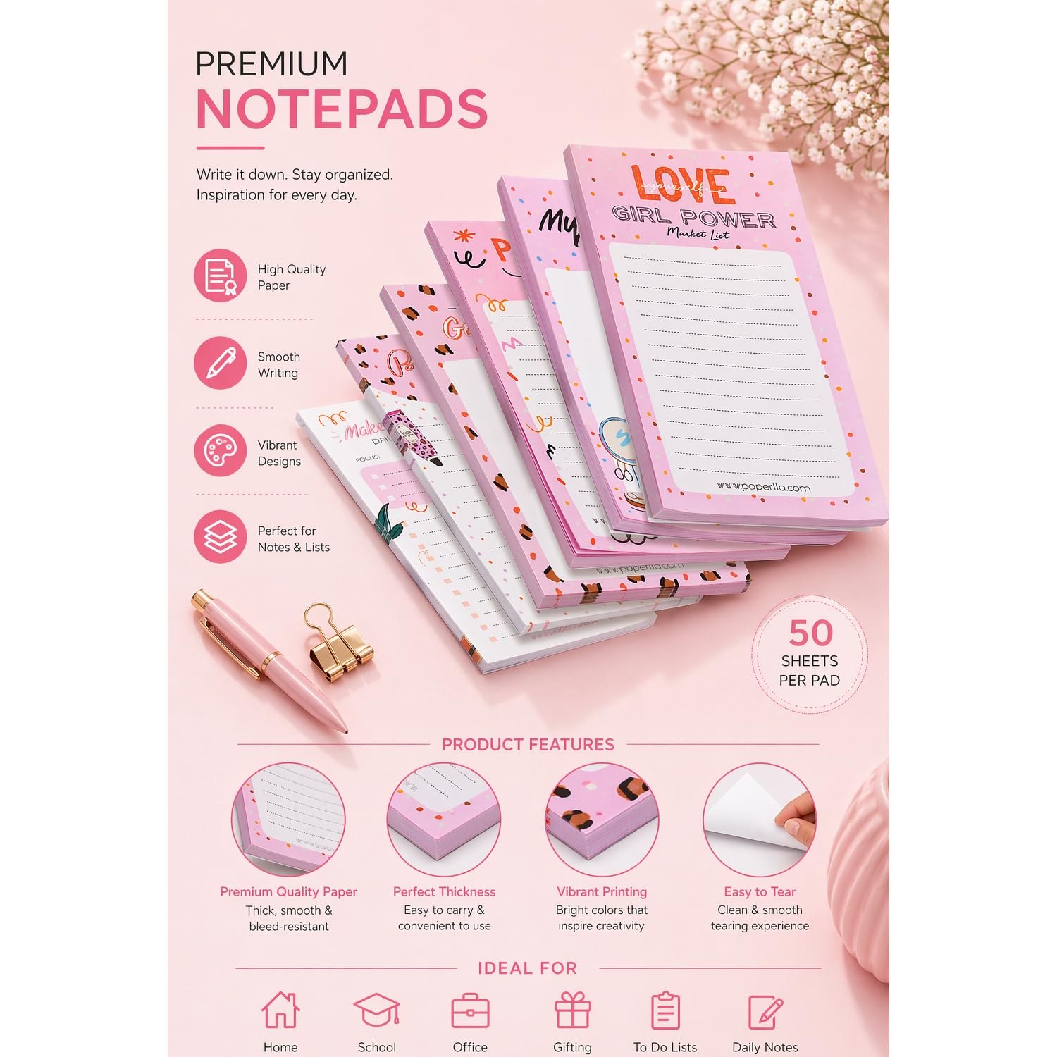 To Do List Notepad - 50 Sheets Each, Tear Off, Planning Memo Pad, Checklist Organizing, Set Of 6
