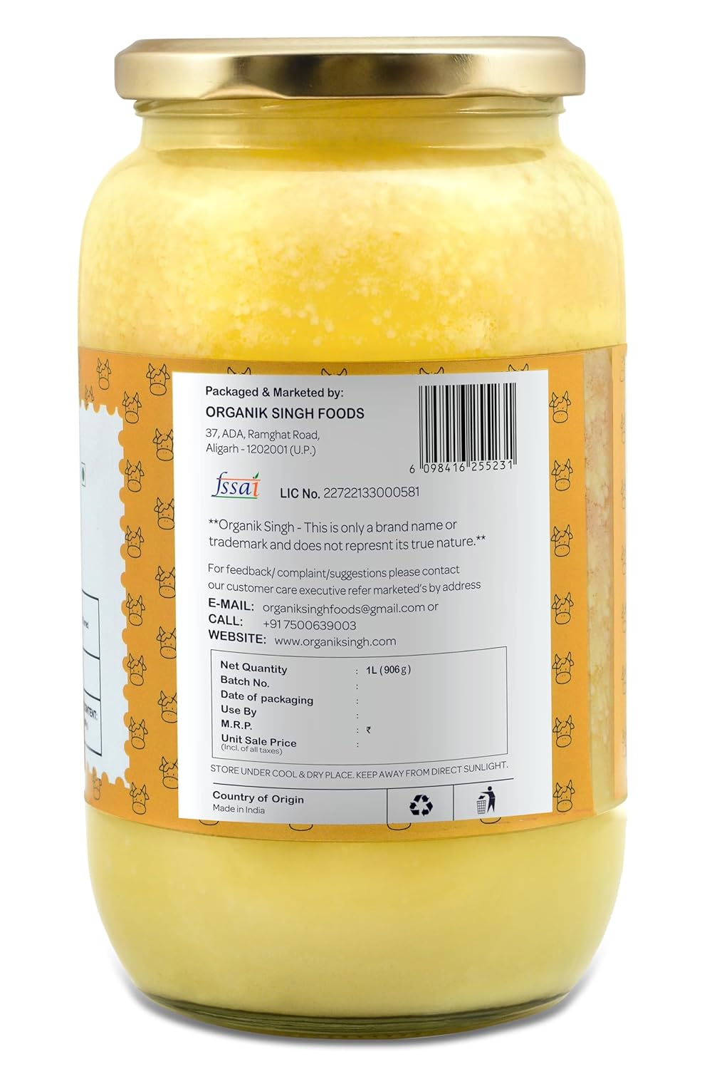 Premium A2 Bilona Desi Gir Cow Ghee By Organik Singh | Great Source Of Energy & Vitamin Healthy Desi Ghee Perfect For Sweets | (1 Litr) 33.8 Ounce | Glass Jar