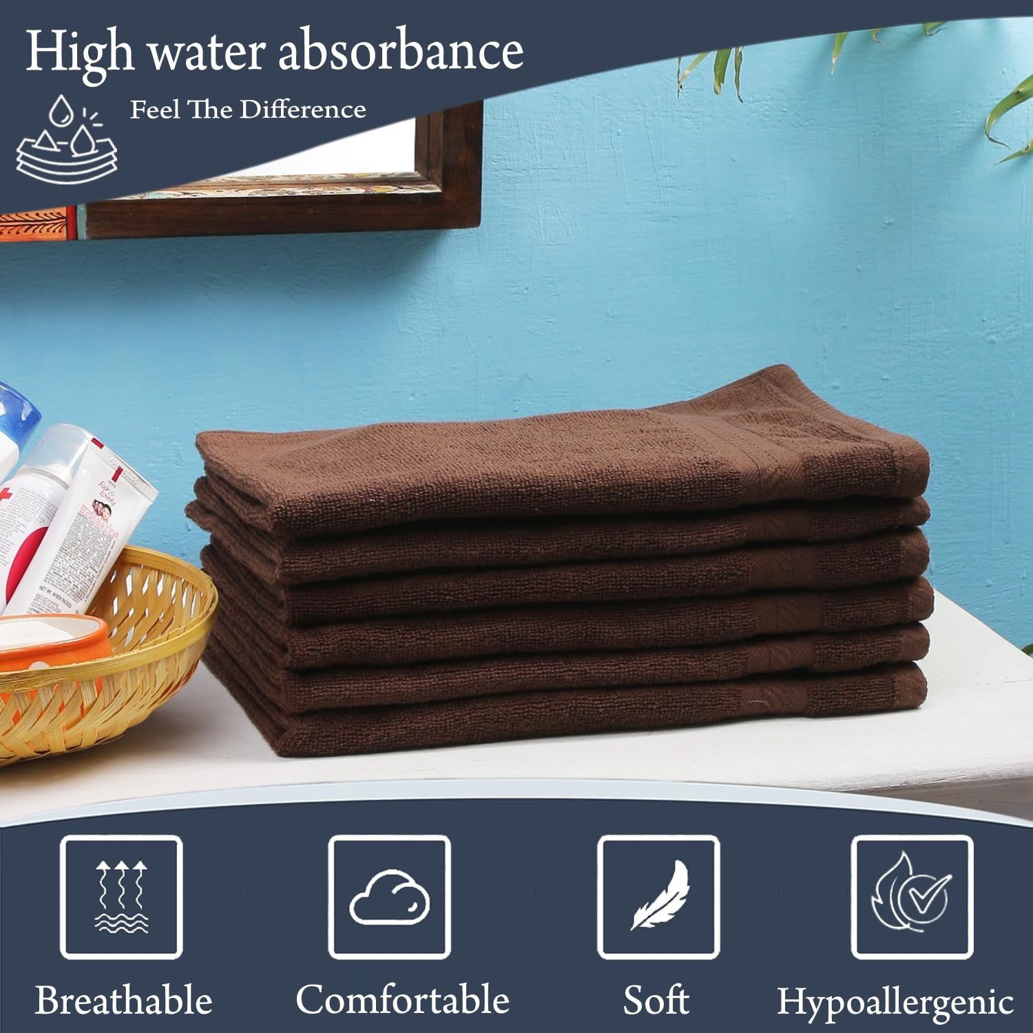 Fresh From Loom Luxury Fur Collection Hand Towel 500 Gsm Napkins Cotton High Absorbency Double Stitched Size (Brown) - Set Of 6
