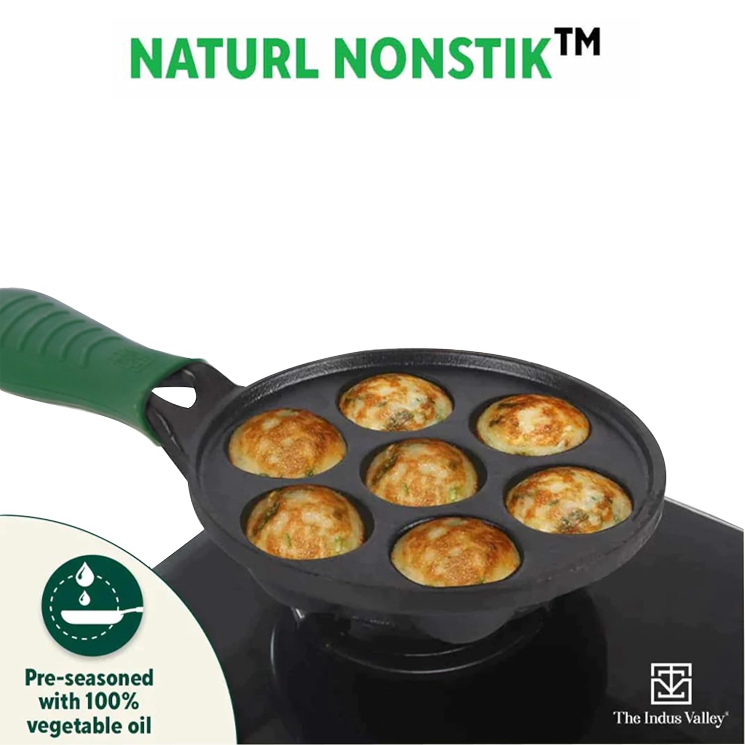 Super Smooth Black Cast Iron Paniyaram Pan With Silicon Grip - Very Small, 7 Pits, 21cm, 8.3 Inch, 1.9 Kg | Nonstick, Pre-Seasoned Appe Or Paddu Pan, 100% Pure & Toxin-Free, No Chemical Coating