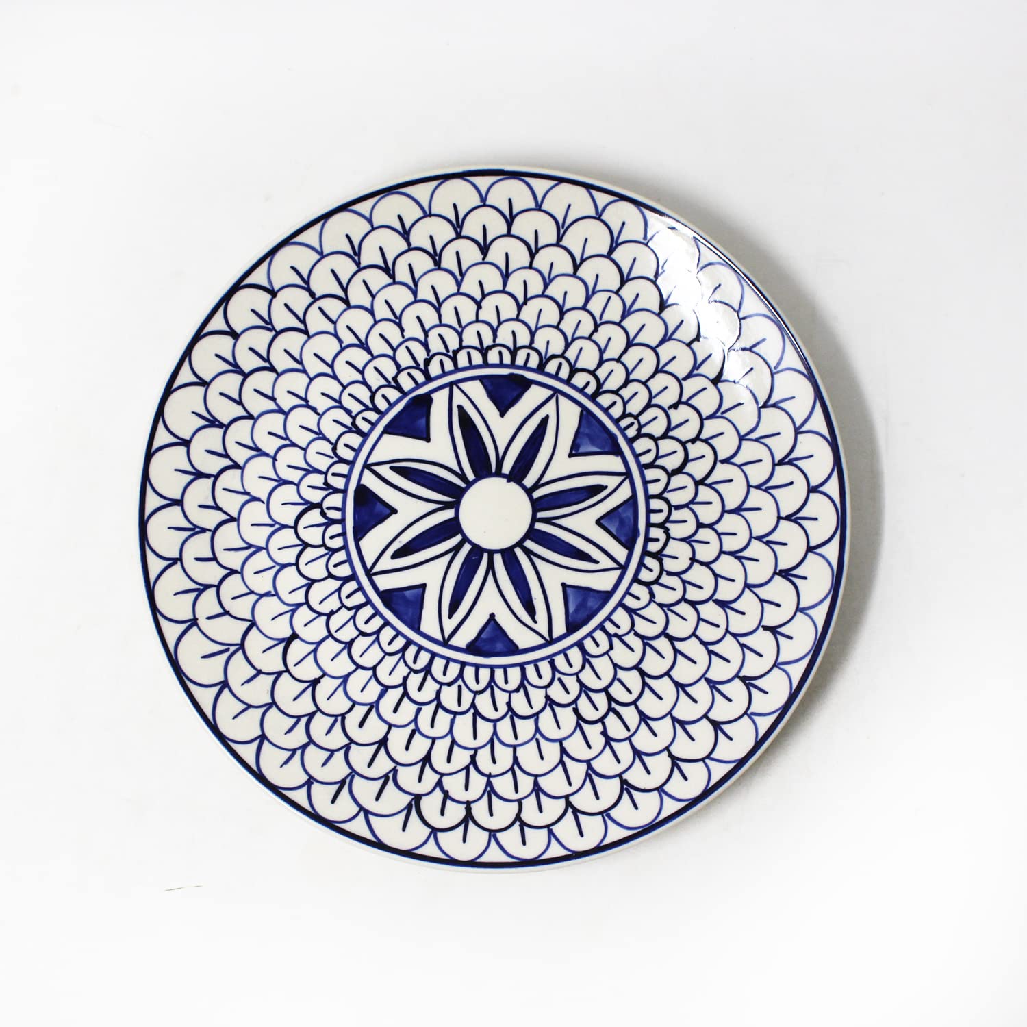Mermaid Tales Hand Painted Ceramic Dinner Set - 8 Piece, White & Indigo | 4 Dinner Plates + 4 Katori Serving Bowls, 180ml Each | Serving For 4, Microwave Safe & Dishwasher Safe