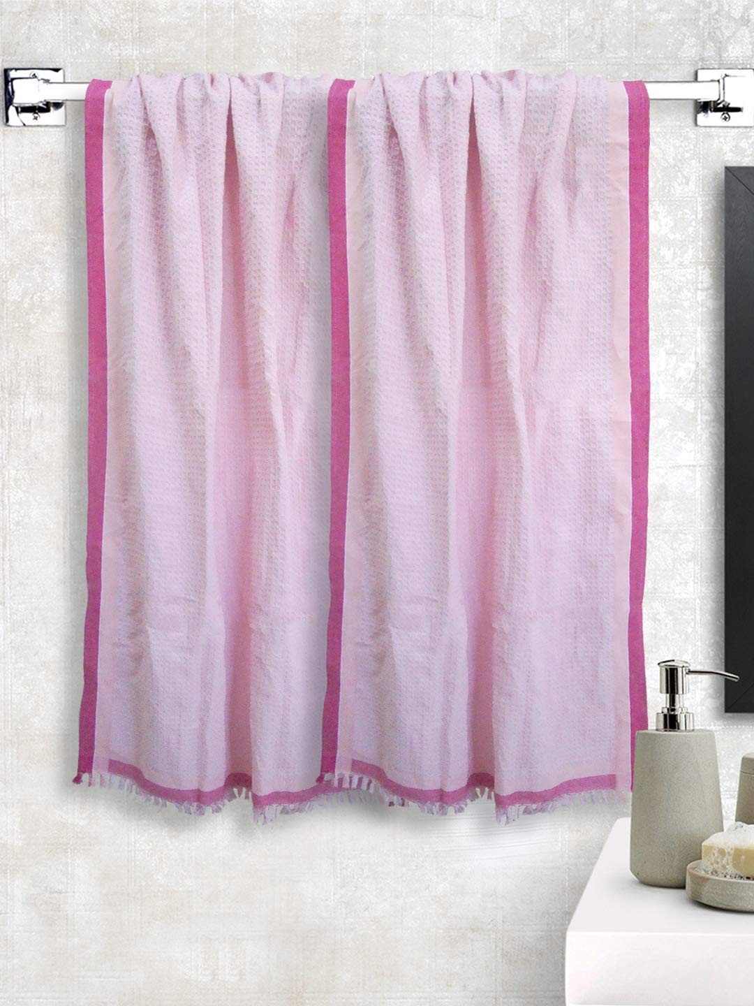 Athom Trendz Living Light Weight Cotton Premium Waffle Border Bath Towel 480 Gsm | Pack Of 2 (Pink)