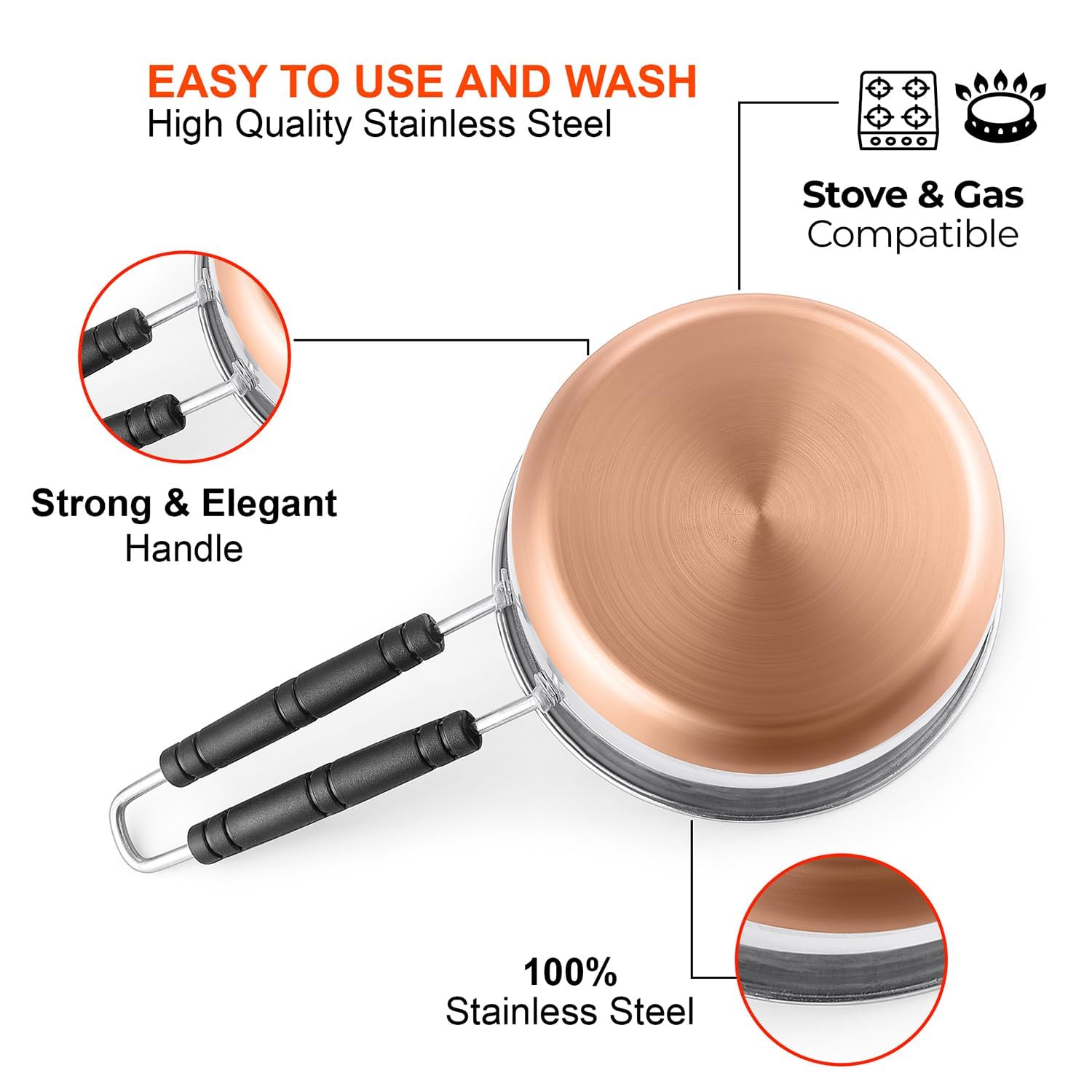 Silver Stainless Steel Copper Bottom Gas Stove, Flat Base Sauce Pan With Handle | Tea Pan, Milk Pan, Tapeli Patila, Sauce Pot Cookware With Handle, 1500ml