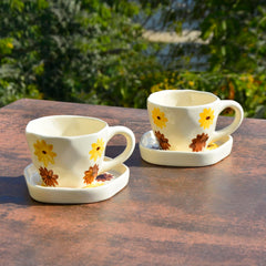 Hand Painted Ceramic Cup & Saucer Set Of 2 - Yellow & Brown, 250ml Each | Microwave Safe Tea Cups & Mugs - Chai Cups & Plates