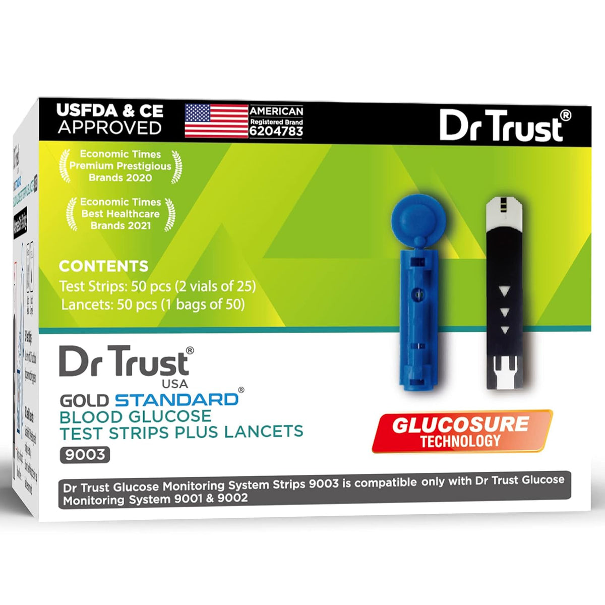 Dr Trust USA Gold Standard Blood Glucose Test Strips Plus Lancets - 50 Strips (Black)