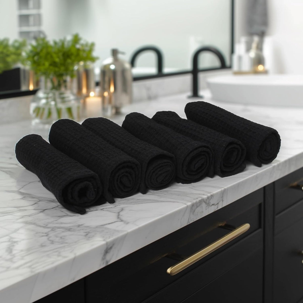 Encasa Xo Kitchen Hand Towels Set 150 Gsm | Waffle Weave & Flat Hand Towel | Quick Drying Reusable Cotton Washcloths | Set Of 6 (Black)