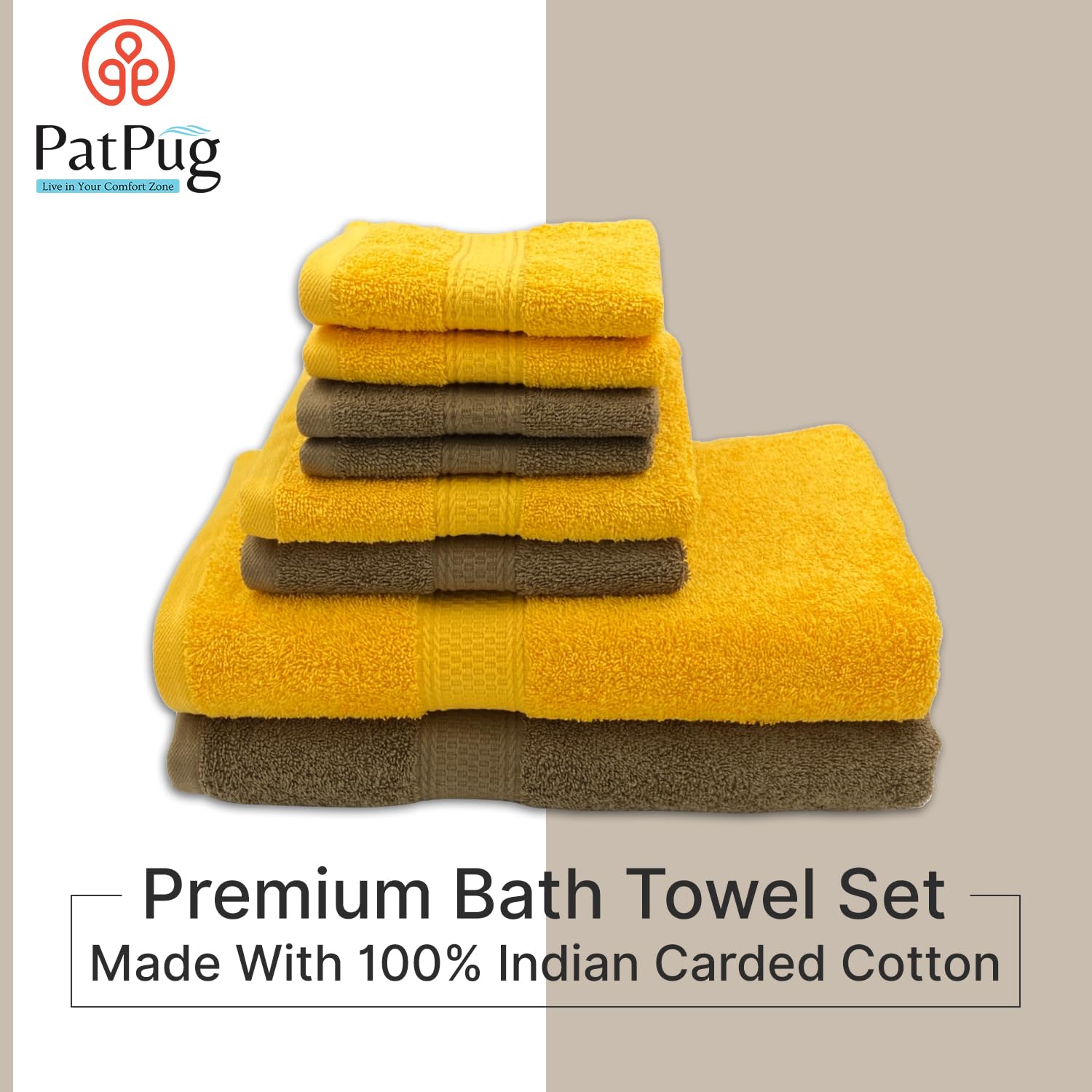Patpug 100% Indian Cotton Plush Towel Set 2000 Gsm | Highly Absorbent, Fade Resistant, Quick Drying 2 Bath, 2 Hand & 4 Face Towel (Sepia Brown & Sunrise Yellow) - 8 Piece