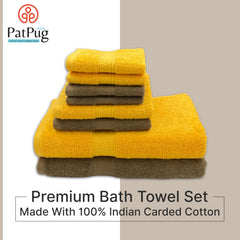 Patpug 100% Indian Cotton Plush Towel Set 2000 Gsm | Highly Absorbent, Fade Resistant, Quick Drying 2 Bath, 2 Hand & 4 Face Towel (Sepia Brown & Sunrise Yellow) - 8 Piece