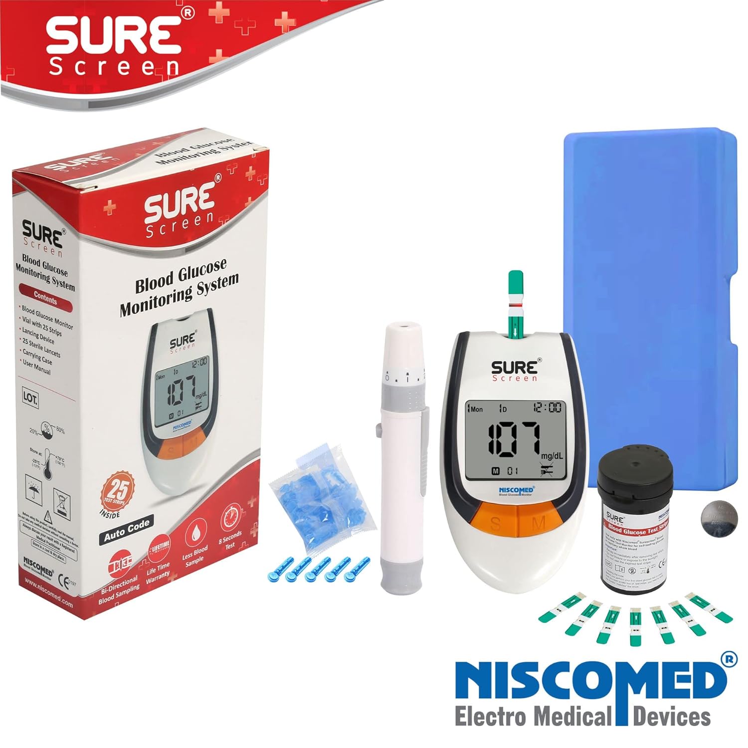 Niscomed Sure Screen Glucose Blood Sugar Testing Monitor With 75 Strips Glucometer (White) | Pain Free Testing Monitor