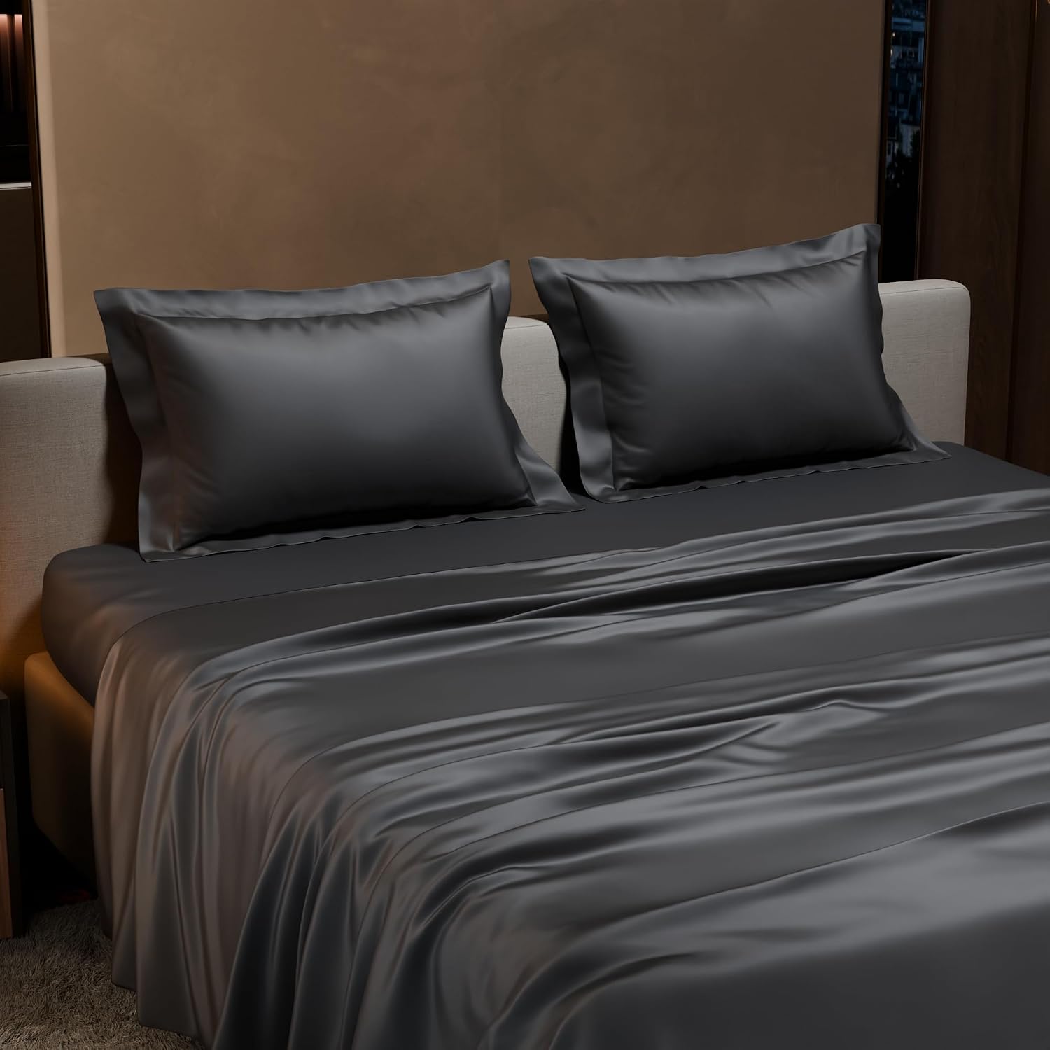 Satin Bedsheet For Double Bed With 2 Pillow Covers - 90 X 100 Inches, Dark Grey | Premium Bedding Set & Wedding Gift For Couples