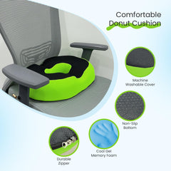 Donut Pillow For Tailbone Pain, Coccyx Seat Cushion, Gel Memory Foam Pillow | For Chair, Hemorrhoid & Piles Pillow, Car Seat, Hemorrhoids Fistula Prostate Post Relief, Black & Green