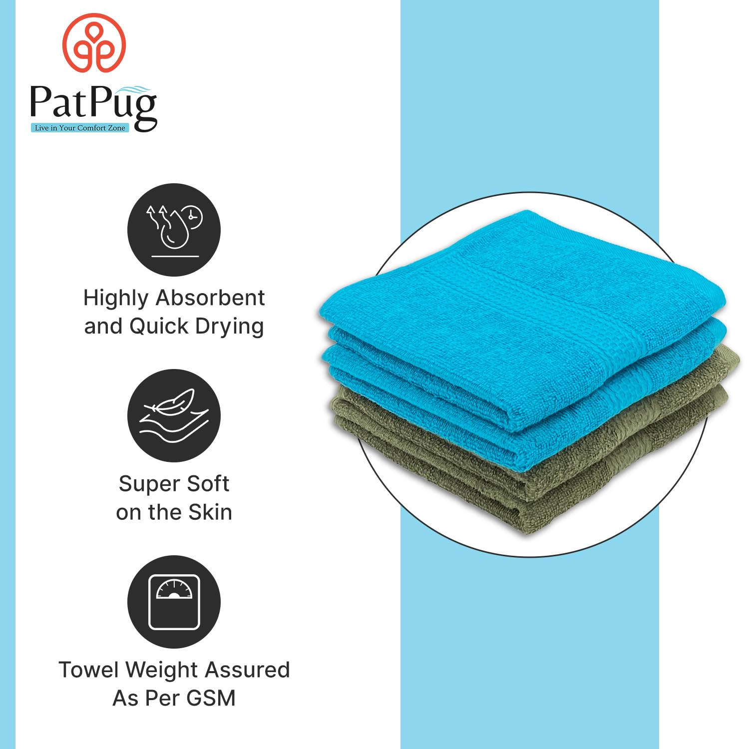 Patpug 100% Indian Ultra Soft Cotton Hand Towel 600 Gsm | For Gym, Workout, Yoga, Wash Basin (Olive Green & Teal) - 4 Piece