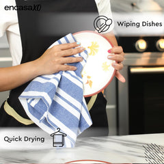 Encasa Xo Kitchen Cooking Cloth 340 Gsm | Cotton Hand Towel For Drying Dishes Highly Absorbent Cleaning & Quick Drying Of Plates | Franca Blue Stripes (Set Of 4)