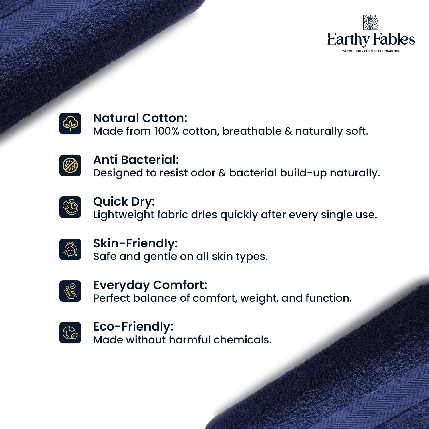 Earthy Fables Pure Carded Cotton Bath Towel 1000 Gsm | Soft, Absorbent, Quick Dry & Skin-Friendly Towel Set Of 2 (Navy Blue)