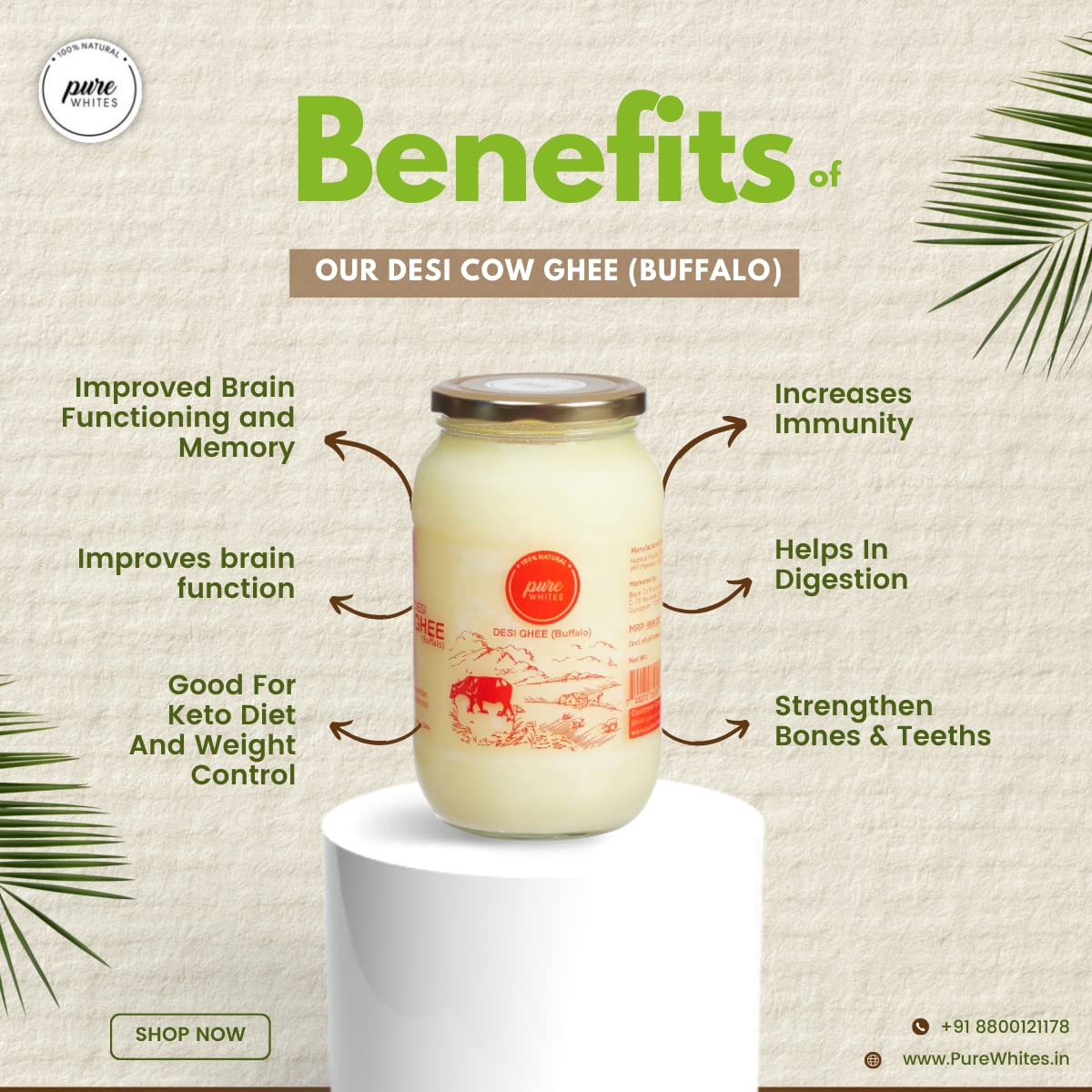 Natural Premium A2 Cow Ghee (1 Litr) 33.8 Ounce & Buffalo Ghee (900ml) 30.4 Ounce By Pure Whites | Homemade Organic & Fresh Ghee Prepared Using Traditional Vedic Bilona Method | Jar Pack