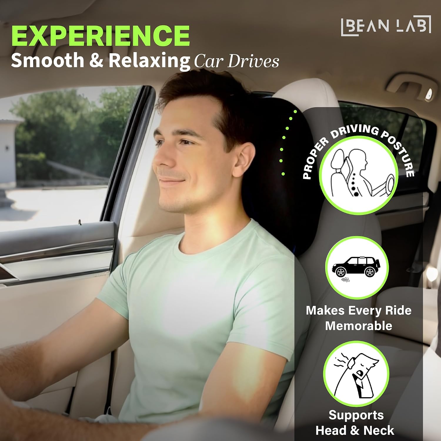 Premium Blue Memory Foam Pillow For Car Comfort & Support, Standard Size, Black | Luxurious Neck Rest For Car Seats To Relieve Neck Pain, Improve Posture & Enhance Driving Experience