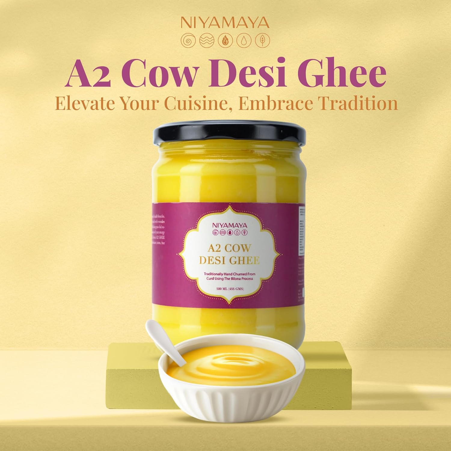 Natural A2 Desi Cow Ghee By Niyamaya | Perfect Aroma & Danedar Cultured Desi Cow Ghee For Weight Management | (500ml) 16.9 Ounce | Jar Pack