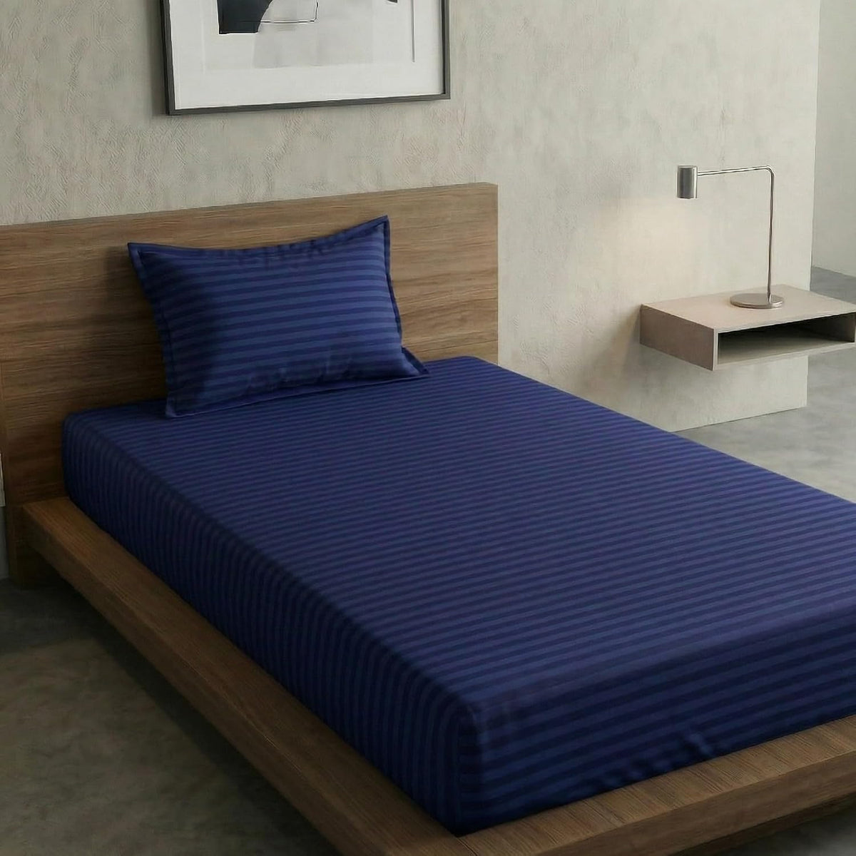 Cotton Blue Striped Single Bedsheet With 1 Pillow Cover - 55 X 90 Inches | Long-Lasting Color Comfortable Fabric Bedsheet