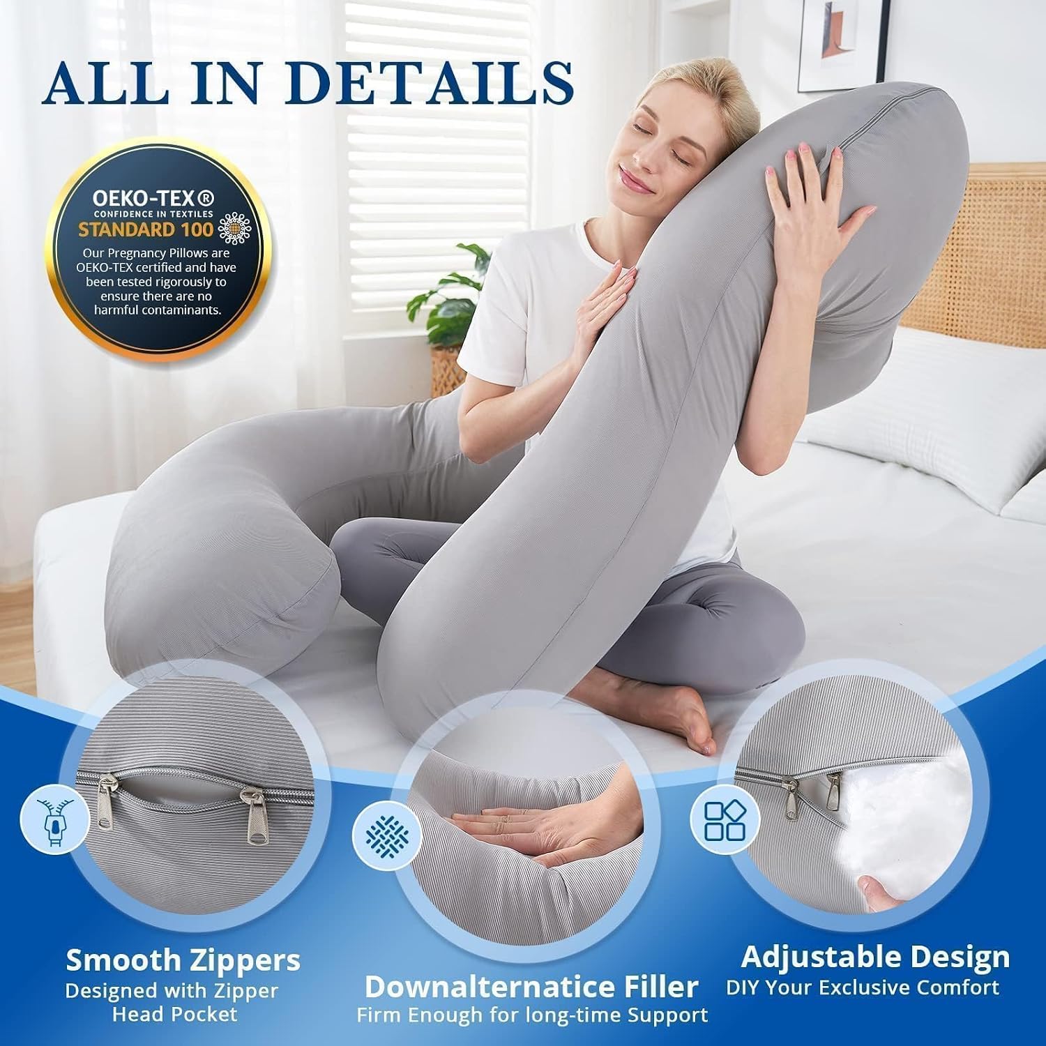 Cooling Pregnancy Pillows For Sleeping, U Shaped Full Body Pillow, Light Grey | Green Maternity Pillow For Pregnant Women, Pregnancy Must Haves | Machine Washable Cooling Cover