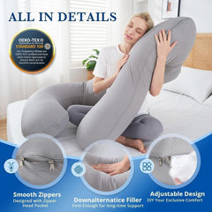 Cooling Pregnancy Pillows For Sleeping, U Shaped Full Body Pillow, Light Grey | Green Maternity Pillow For Pregnant Women, Pregnancy Must Haves | Machine Washable Cooling Cover