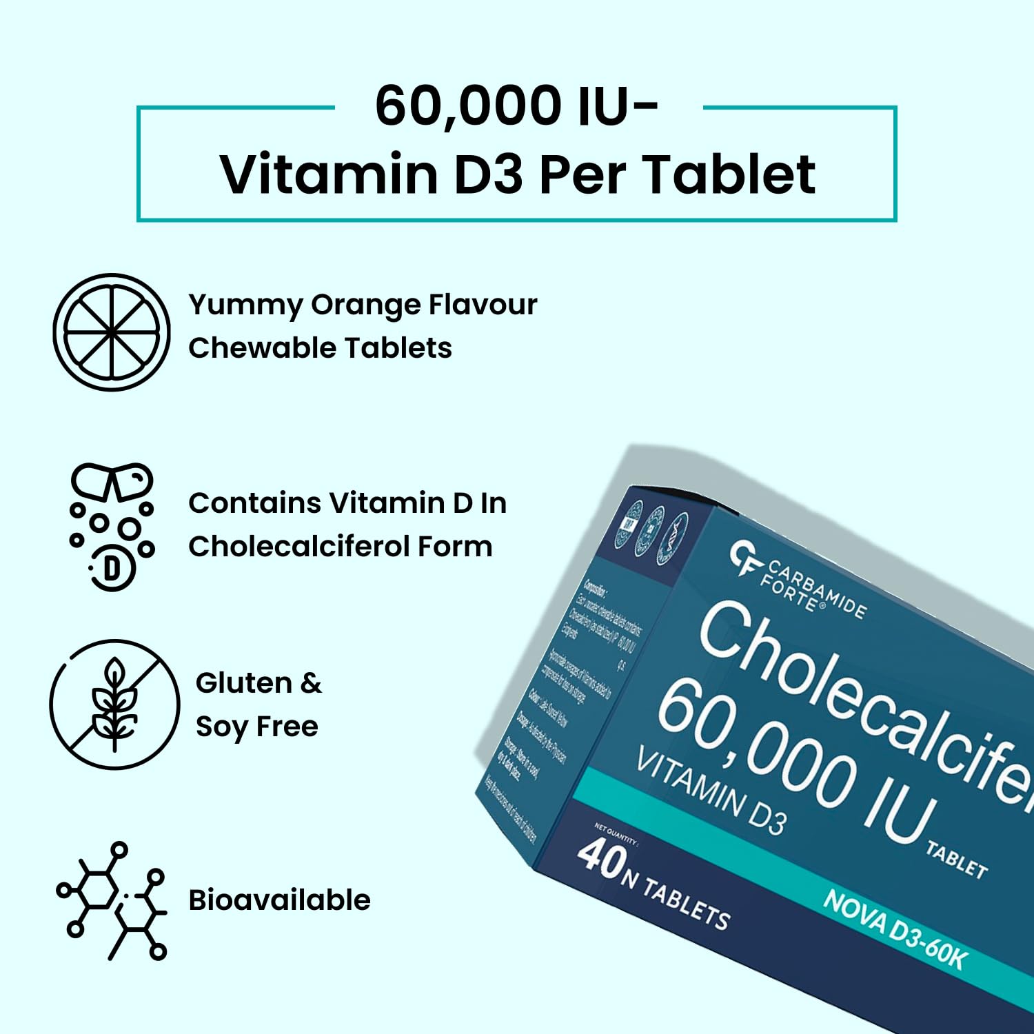 Carbamide Forte Vitamin D3 60000 IU - Chewable Cholecalciferol | High Potency Vitamin D, D3 Vitamin Supplement For Women & Men | Orange Flavour - 40 Tablets 100gm 0.2lbs