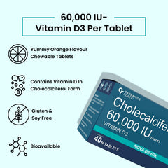 Carbamide Forte Vitamin D3 60000 IU - Chewable Cholecalciferol | High Potency Vitamin D, D3 Vitamin Supplement For Women & Men | Orange Flavour - 40 Tablets 100gm 0.2lbs