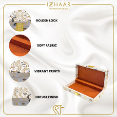 Peshkari Wooden Printed Cash Box Versatile For Shagun, Gifting, Gaddi, & Jewellery, Ideal For Shagun Envelopes, Wedding Gifts, & Special Occasions, Colour - Gold & White