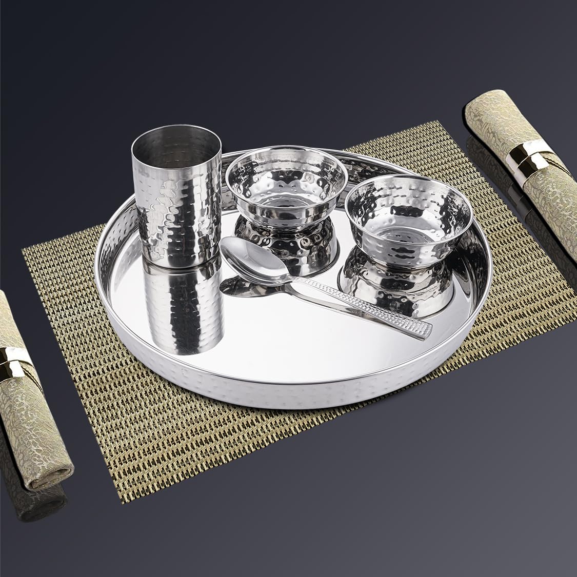 High Grade Stainless Steel Komcha Hammered Thali Set Of 5 Pieces, Mirror Finish | 1 Thali+ 2 Bowls+ 1 Glass+ 1 Dessert Spoon - Easy To Clean & Dishwasher Safe