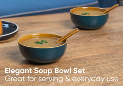 Ceramic Soup Bowl Set With Spoons - 300ml Each, Teal Green | 6 Pieces Soup Bowls + 6 Spoons | Glossy Finish - Premium Stoneware Ceramic Soup Bowls With Spoons | Soup Bowl Set Of 6