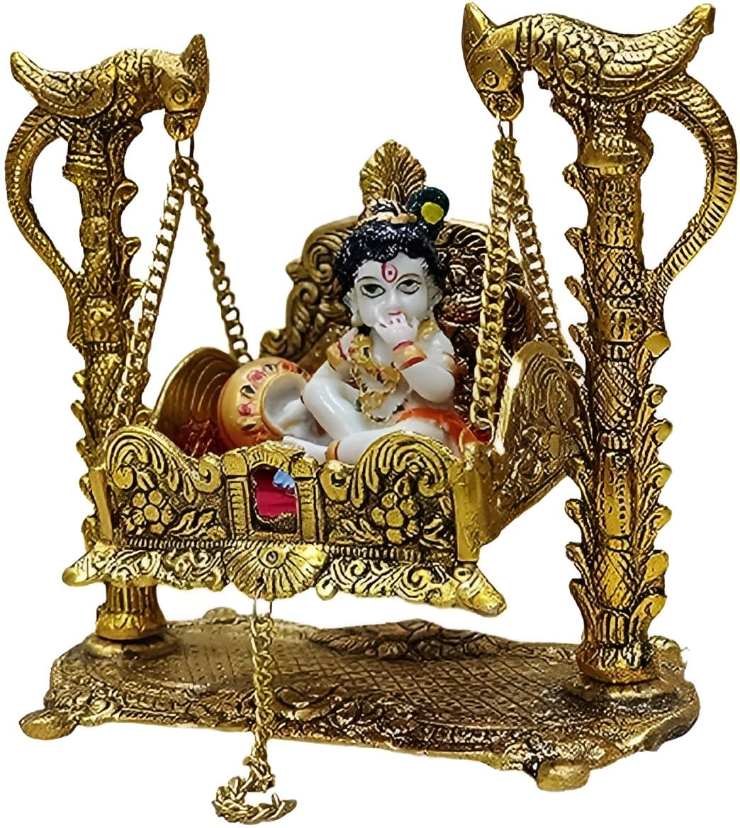 Laddu Gopal With Metal Jhula For Krishna, Bal Gopal, Antique Look, Gold, Metal, Lord Krishna Statue, Handmade, Occasion