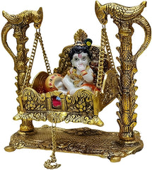 Laddu Gopal With Metal Jhula For Krishna, Bal Gopal, Antique Look, Gold, Metal, Lord Krishna Statue, Handmade, Occasion