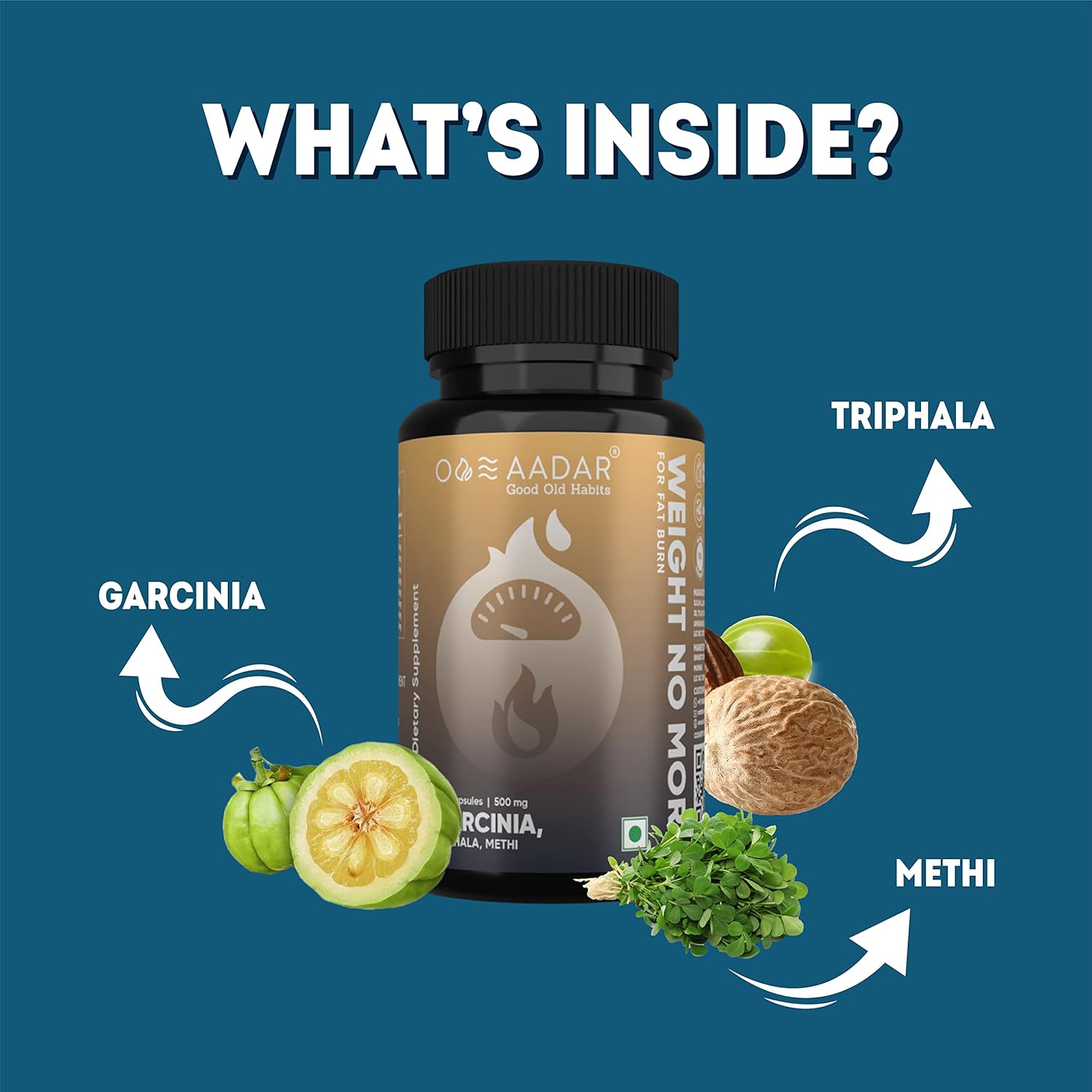 Aadar Weight No More, Natural Weight Loss & Fat Loss Ayurvedic Fat Cutter Supplement, Belly Fat Burner For Women & Men, Garcinia, Triphala, Methi | 120 Capsules 150gm 0.3lbs