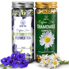 Blue Tea Combo Pack Of 2 - Butterfly Pea Flower Tea 25gm, 0.8 Ounce + Chamomile Flower Tea 30gm, 1.05 Ounce | Antioxidant Rich - Caffeine Free, Gluten Free, Non GMO | Pet Jar Packaging